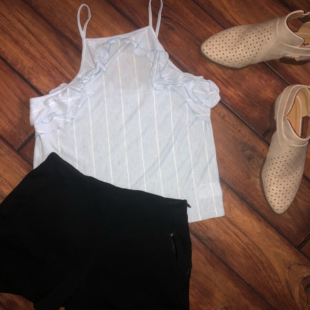 Light blue/white halter tank w/ruffles (cropped)
